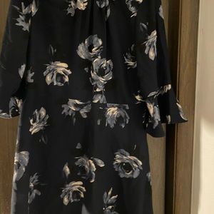 Dark Blue Navy Night Rose Flower Crepe Bell Sleeve Dress